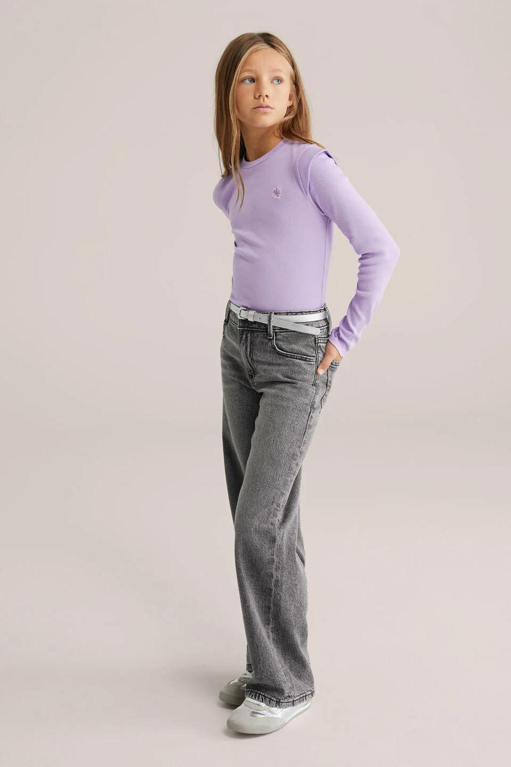Lilakleurige meisjes WE Fashion longsleeve rib gebreid van stretchkatoen met effen, lange mouwen en ronde hals