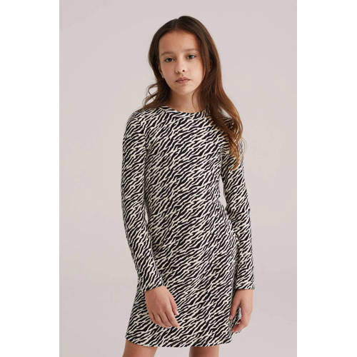 WE Fashion midi jurk zwart Meisjes Stretchkatoen Ronde hals Dierenprint - maat 122/128 afbeelding