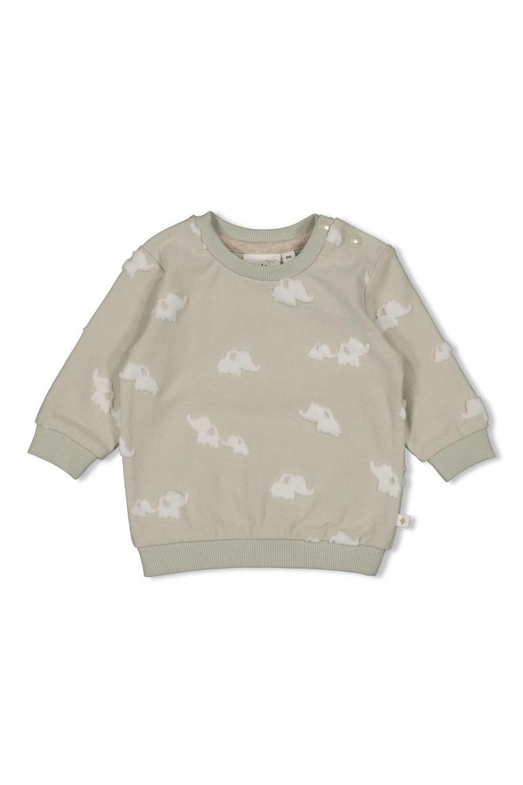 Mintgroene jongens en meisjes Feetje sweater Elephant van katoen met lange mouwen, ronde hals en drukknoopsluiting