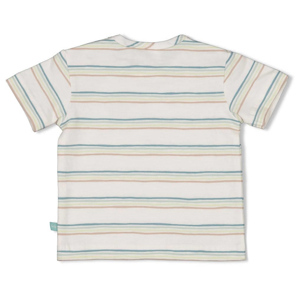 Ecru en blauwe jongens Feetje T-shirt You Croc my World van katoen met strepenprint, korte mouwen en drukknoopsluiting