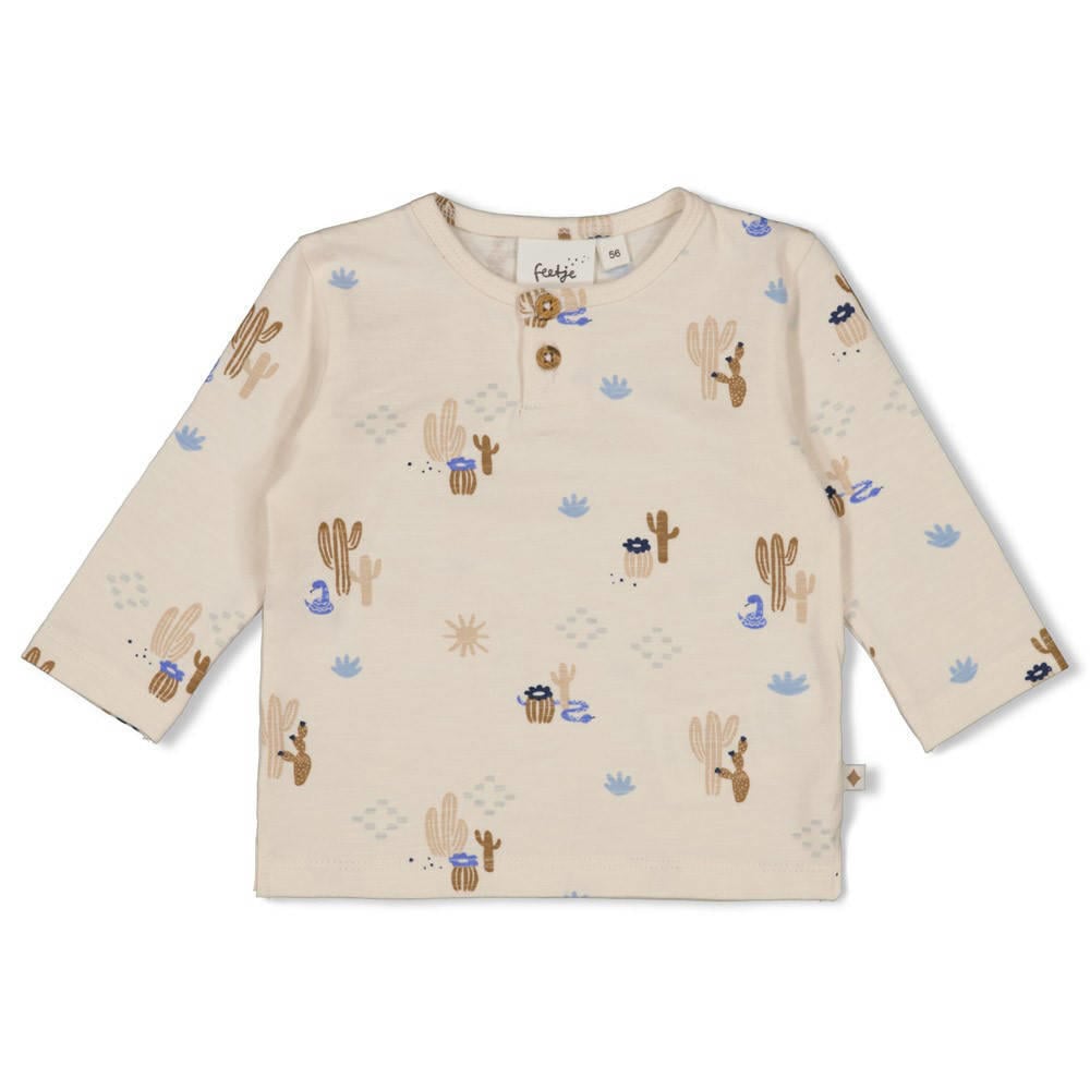 Ecru en bruine jongens Feetje longsleeve Sssiesta van katoen met lange mouwen, ronde hals en drukknoopsluiting
