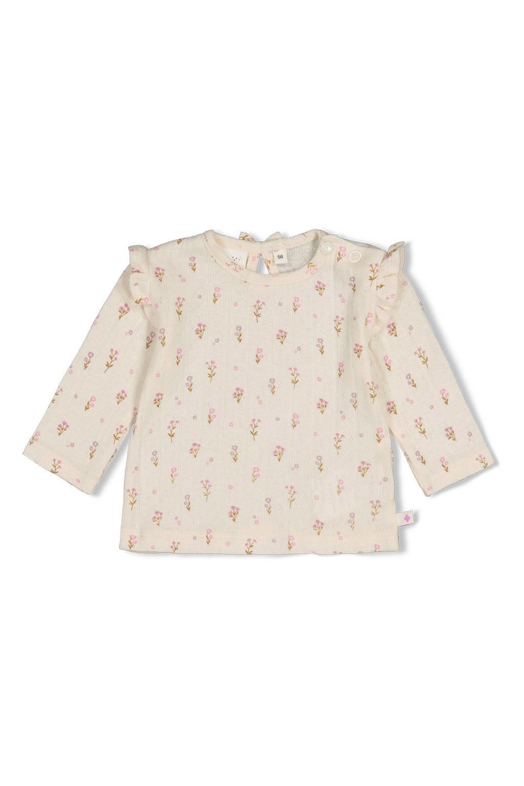 Ecru en roze meisjes Feetje longsleeve Flower Ranch van katoen met bloemenprint, lange mouwen, ronde hals, drukknoopsluiting en ajour details