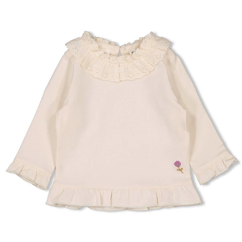 Ecru meisjes Feetje longsleeve Flower Ranch van katoen met effen, lange mouwen, ronde hals, drukknoopsluiting en broderie