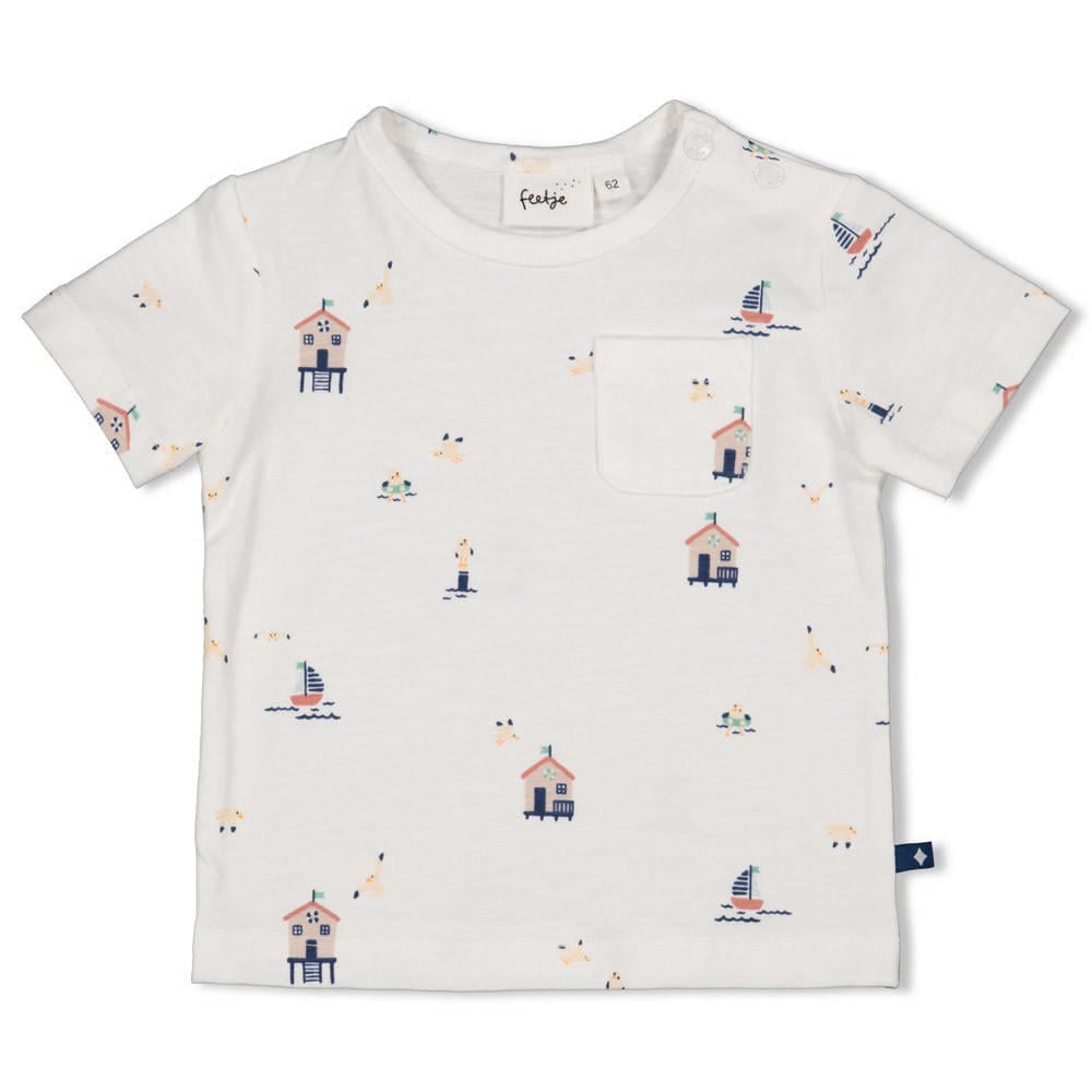 Ecru en blauwe jongens Feetje T-shirt Seaside Happiness van katoen met korte mouwen, ronde hals en drukknoopsluiting