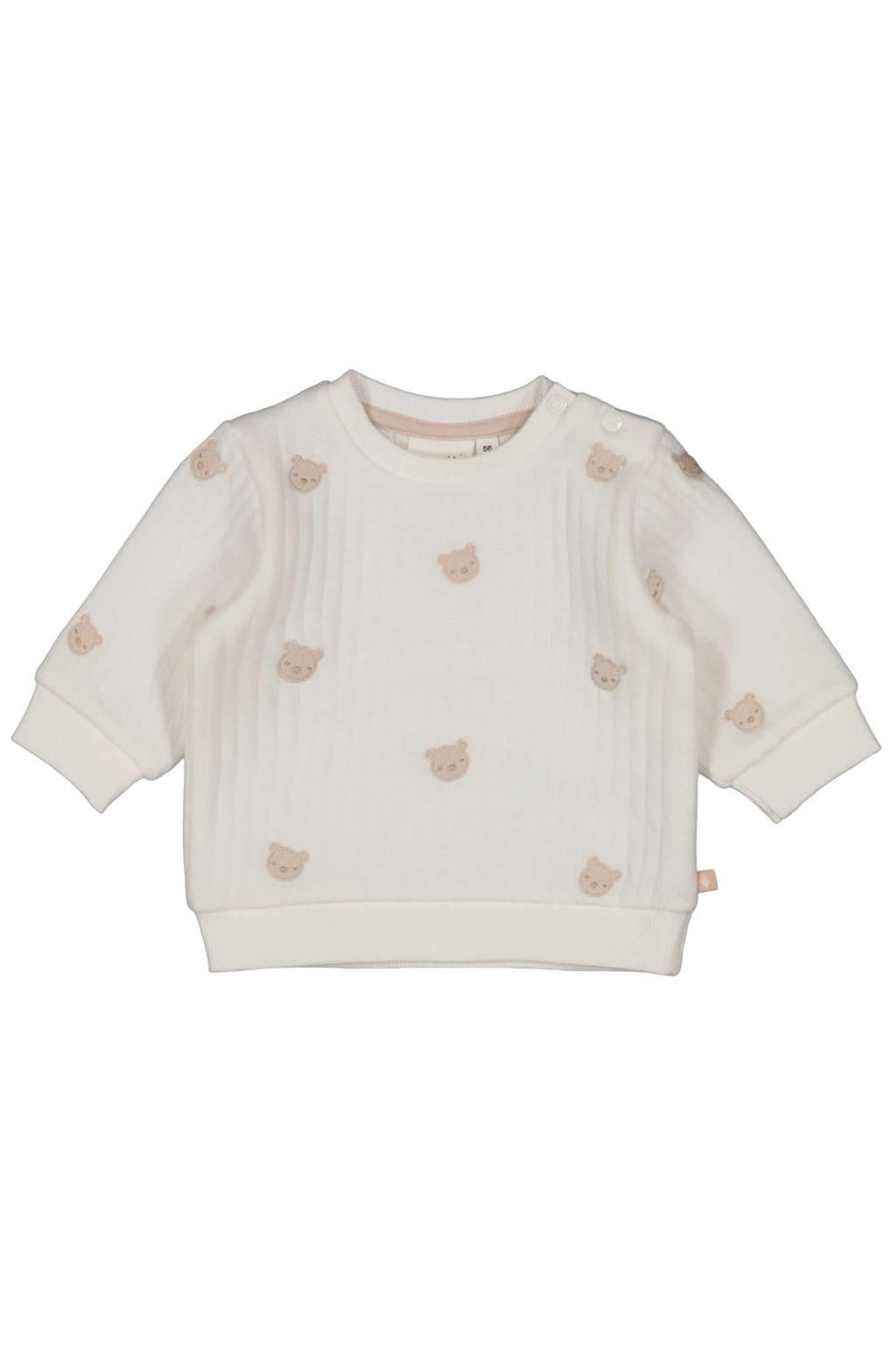 Ecru en bruine jongens en meisjes Feetje sweater Honey Bear van katoen met lange mouwen, ronde hals, drukknoopsluiting en borduursels
