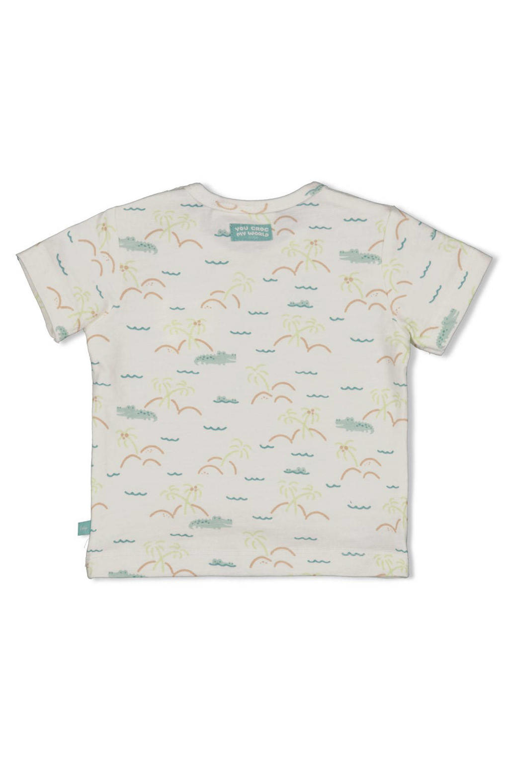 Ecru en blauwe jongens Feetje T-shirt You Croc my World van katoen met korte mouwen en drukknoopsluiting
