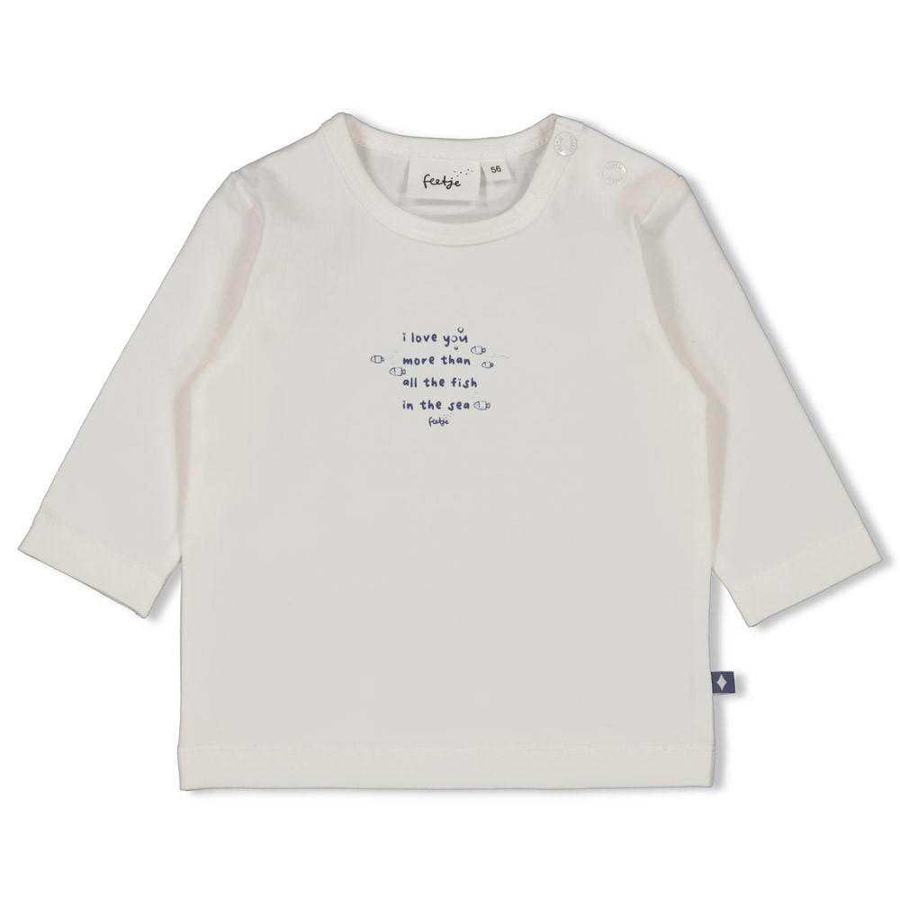Wit en blauwe jongens Feetje longsleeve Blue Ocean van katoen met tekst print, lange mouwen, ronde hals en drukknoopsluiting