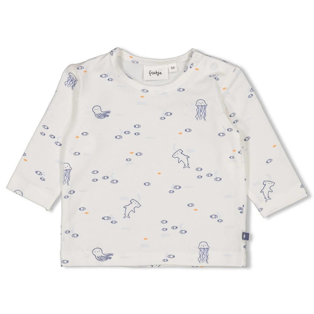 Wit en blauwe jongens Feetje longsleeve Blue Ocean van katoen met lange mouwen, ronde hals en drukknoopsluiting