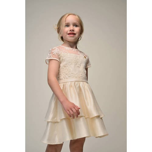 Le Chic korte jurk met borduursels beige Meisjes Polyamide Ronde hals Bloemen - maat 146/152 afbeelding