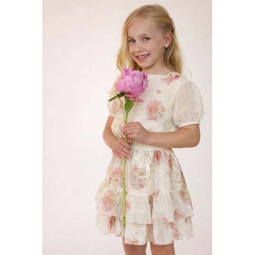 Le Chic gebloemde midi jurk wit Meisjes Polyamide Ronde hals Bloemen - maat 134/140 afbeelding