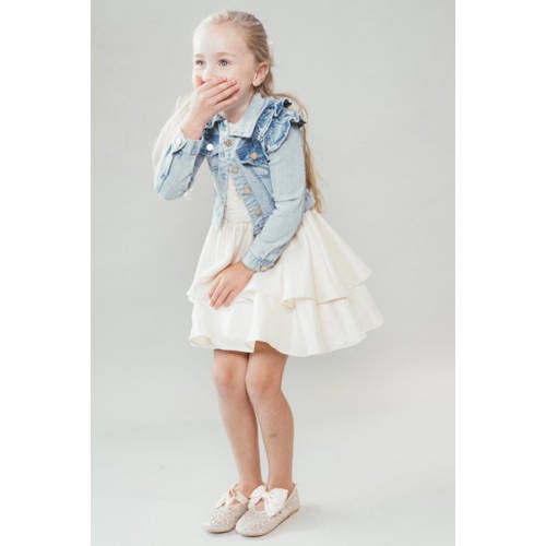 Le Chic spijkerjas met parels en ruches light blue denim Blauw Meisjes Stretchdenim Klassieke kraag - maat 134/140 afbeelding