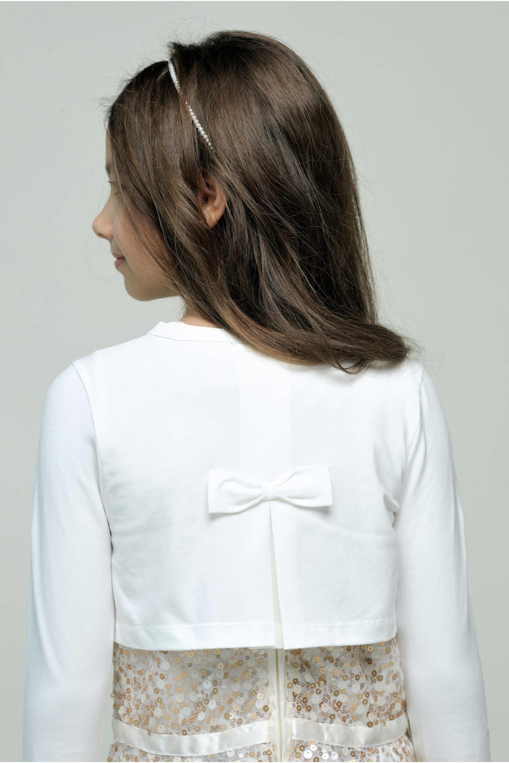 Witte meisjes Le Chic bolero van katoen met lange mouwen, ronde hals en knoopsluiting