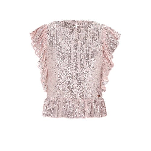NoBell’ peplum top roze met pailletten Meisjes Viscose Ronde hals Effen - maat 134-140 afbeelding
