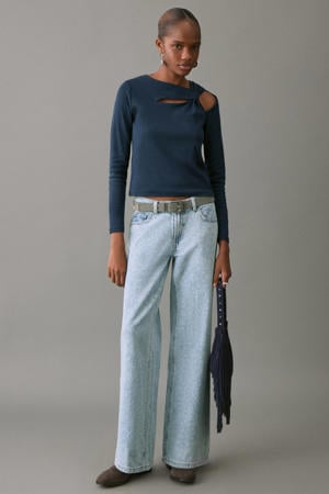 wide leg jeans met paisley print light blue denim