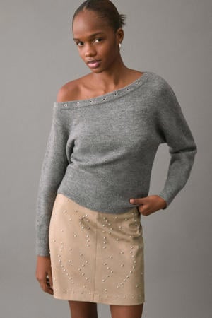 off shoulder trui grijs melange fijn gebreid