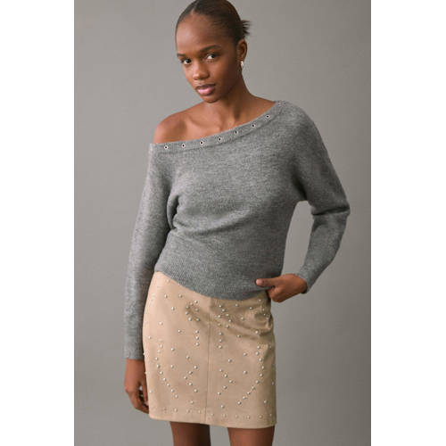 MANGO TEEN off shoulder trui grijs melange fijn gebreid Gemêleerd - maat 164(S) afbeelding