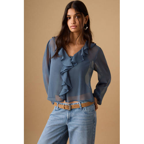 MANGO TEEN blousetop blauw Meisjes Polyester Openvallende hals Effen - maat 168(M) afbeelding