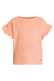thumbnail: Oranje meisjes Orange Stars T-shirt van badstof met effen, korte mouwen, ronde hals en ruches