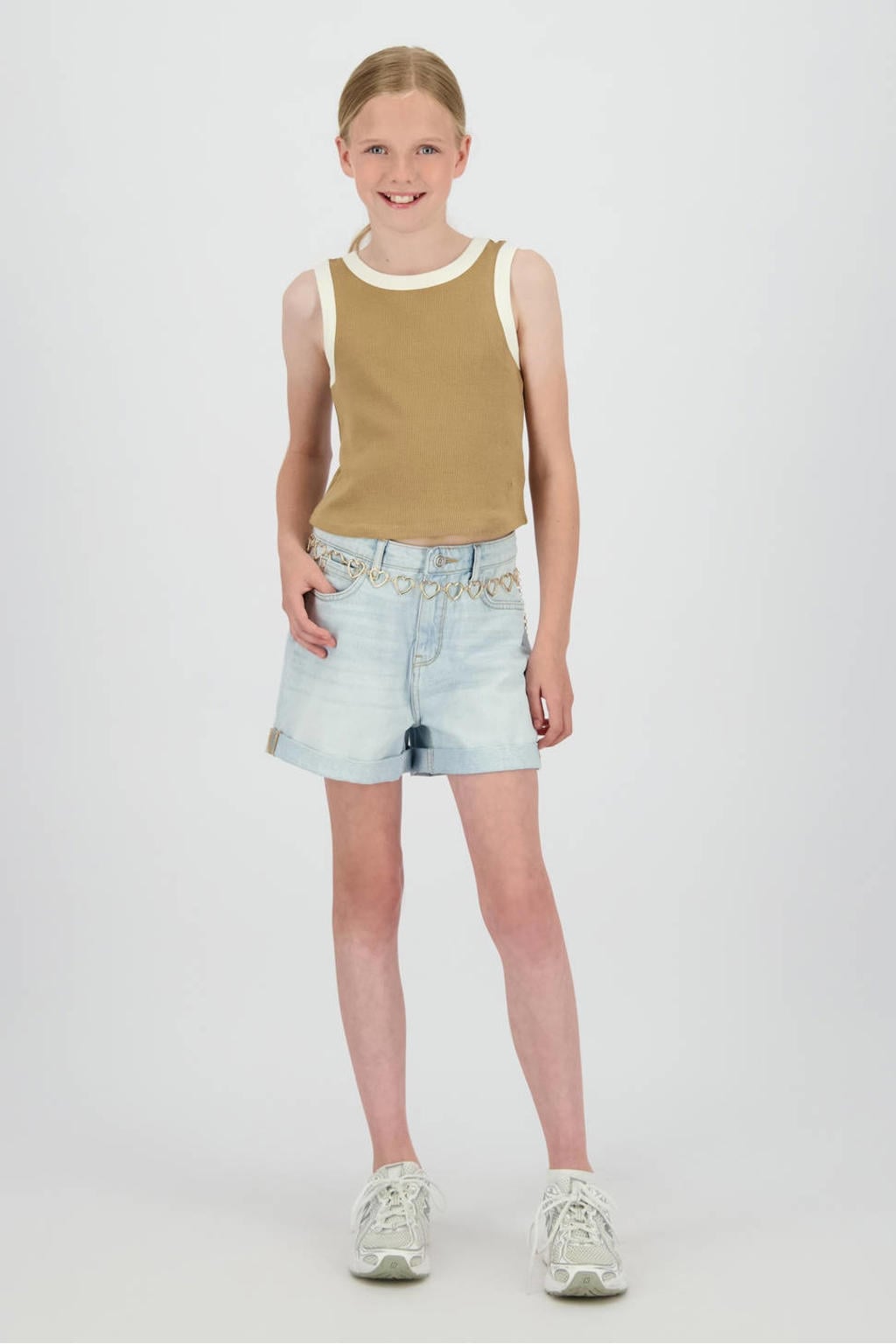 Bruin en ecru meisjes Raizzed mouwloze top van denim met meerkleurige print en textuur