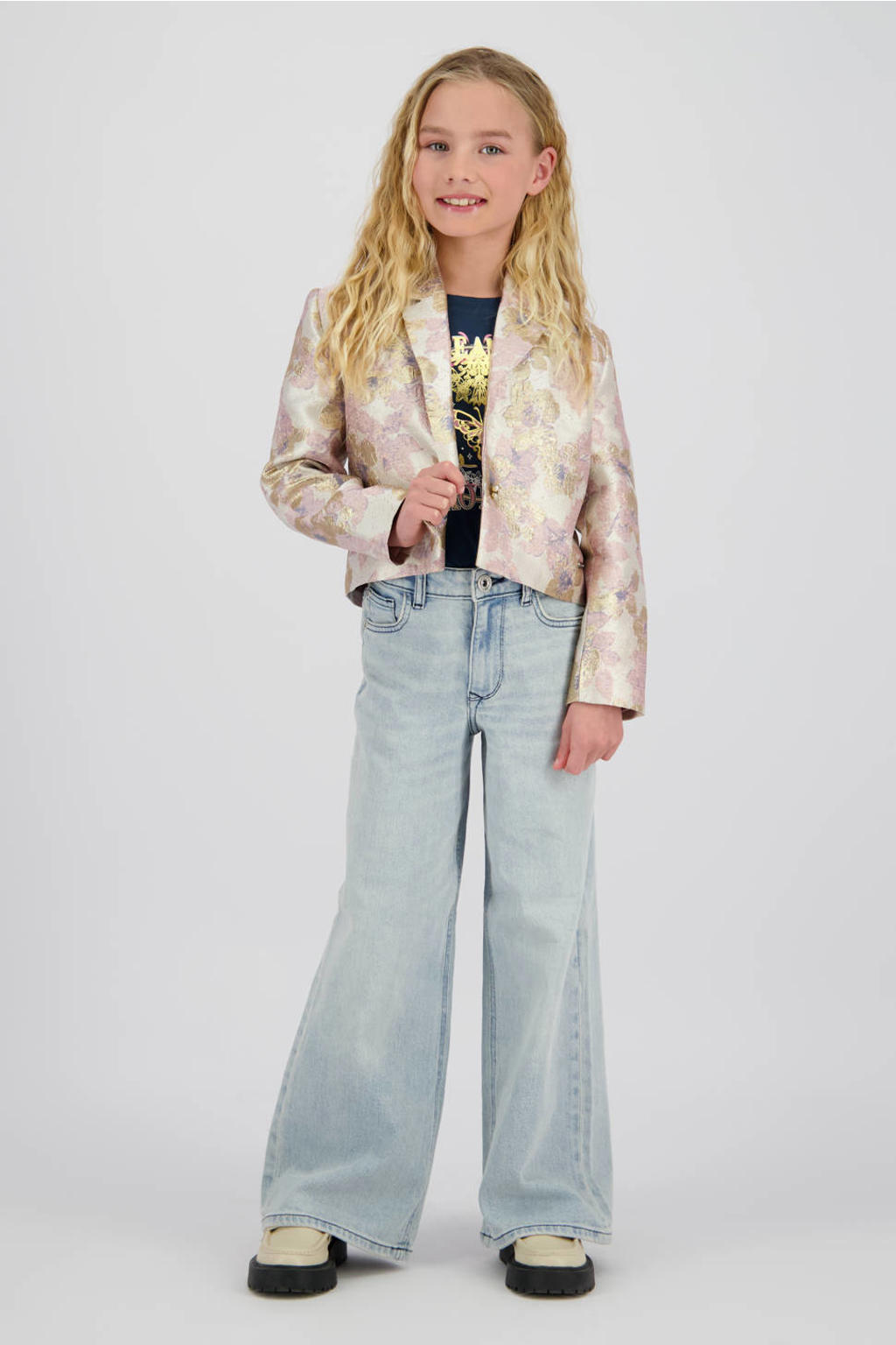 Light blue denim meisjes Vingino wide leg jeans wide leg jeans van denim met rits- en knoopsluiting en effen