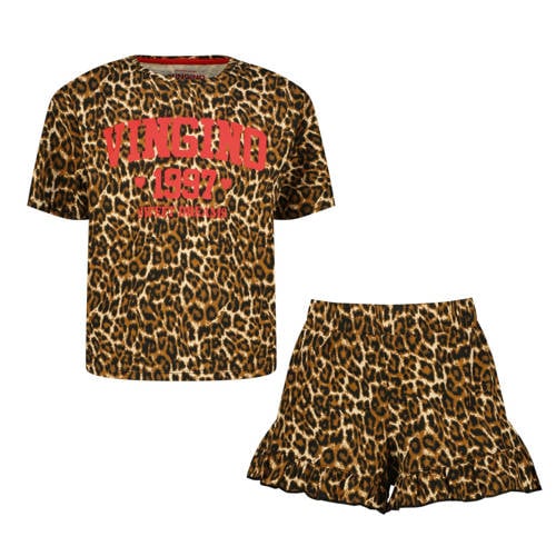 Vingino shortama met panterprint bruin Meisjes Stretchkatoen Ronde hals - maat 158/164 afbeelding