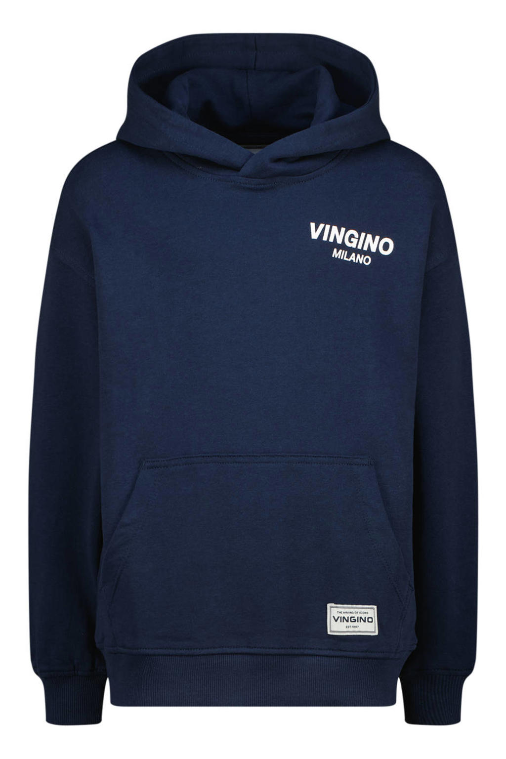 Donkerblauwe jongens Vingino hoodie van sweat materiaal met logo dessin, lange mouwen en capuchon
