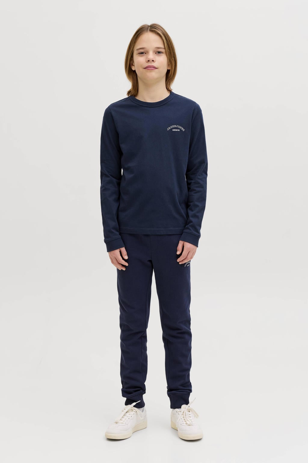 Donkerblauwe jongens JACK & JONES JUNIOR longsleeve van katoen met effen, lange mouwen en ronde hals
