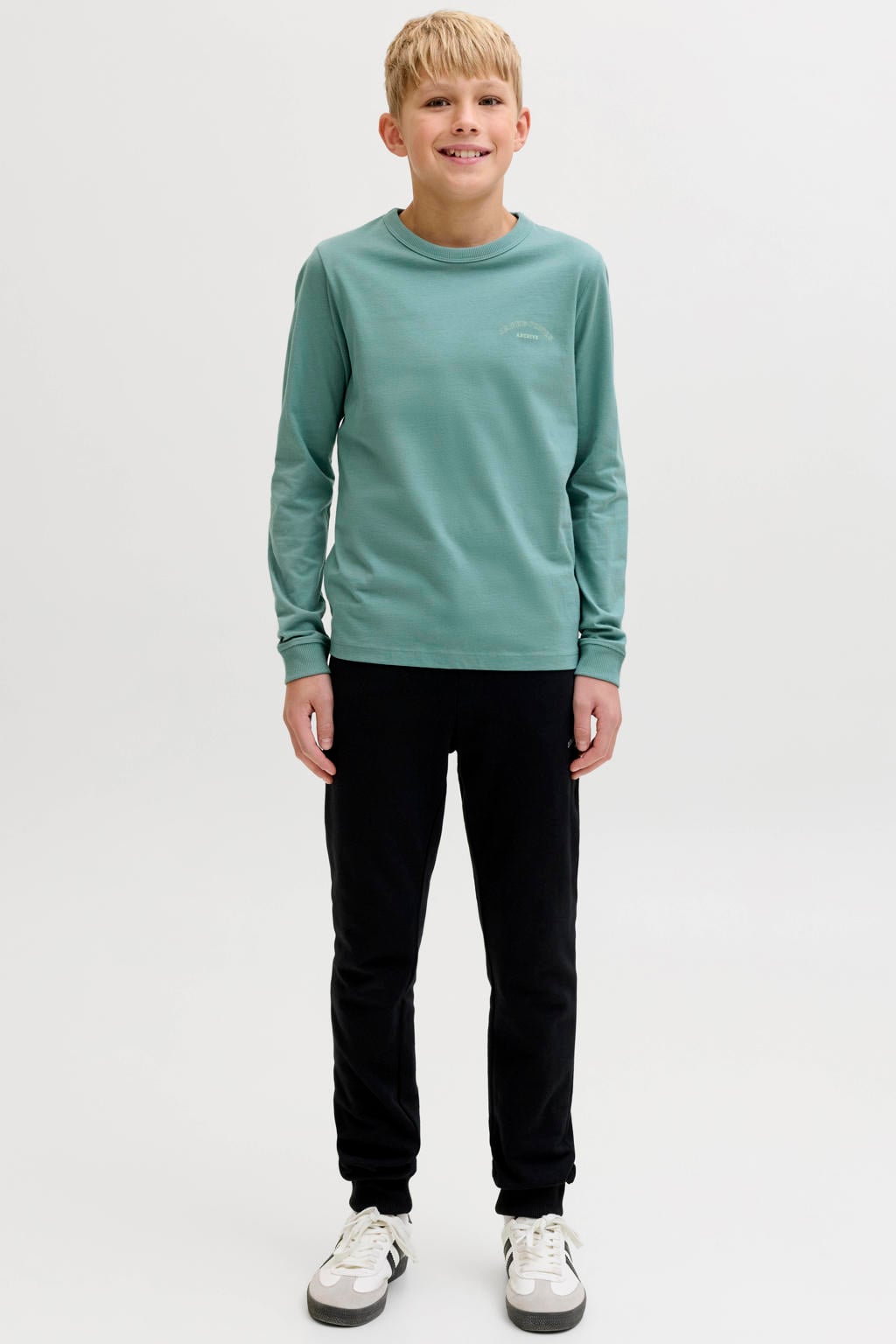 Mintgroene jongens JACK & JONES JUNIOR longsleeve van katoen met effen, lange mouwen en ronde hals