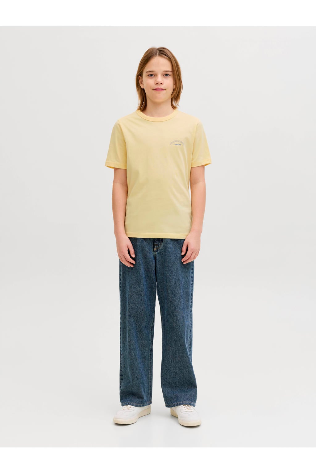 Gele jongens JACK & JONES JUNIOR T-shirt van katoen met effen, korte mouwen en ronde hals
