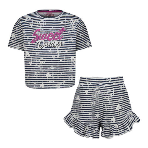 Vingino shortama blauw/wit Meisjes Stretchkatoen Ronde hals Krijtstreep