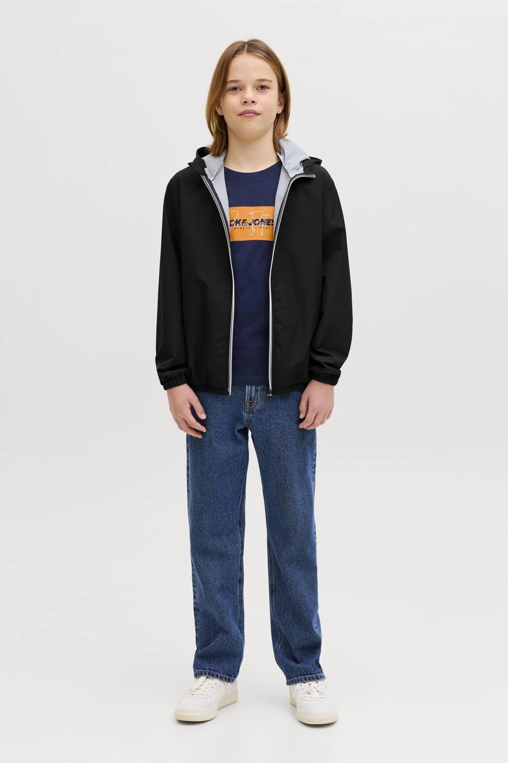 Zwarte jongens JACK & JONES JUNIOR zomerjas van polyester met effen, lange mouwen, capuchon en ritssluiting