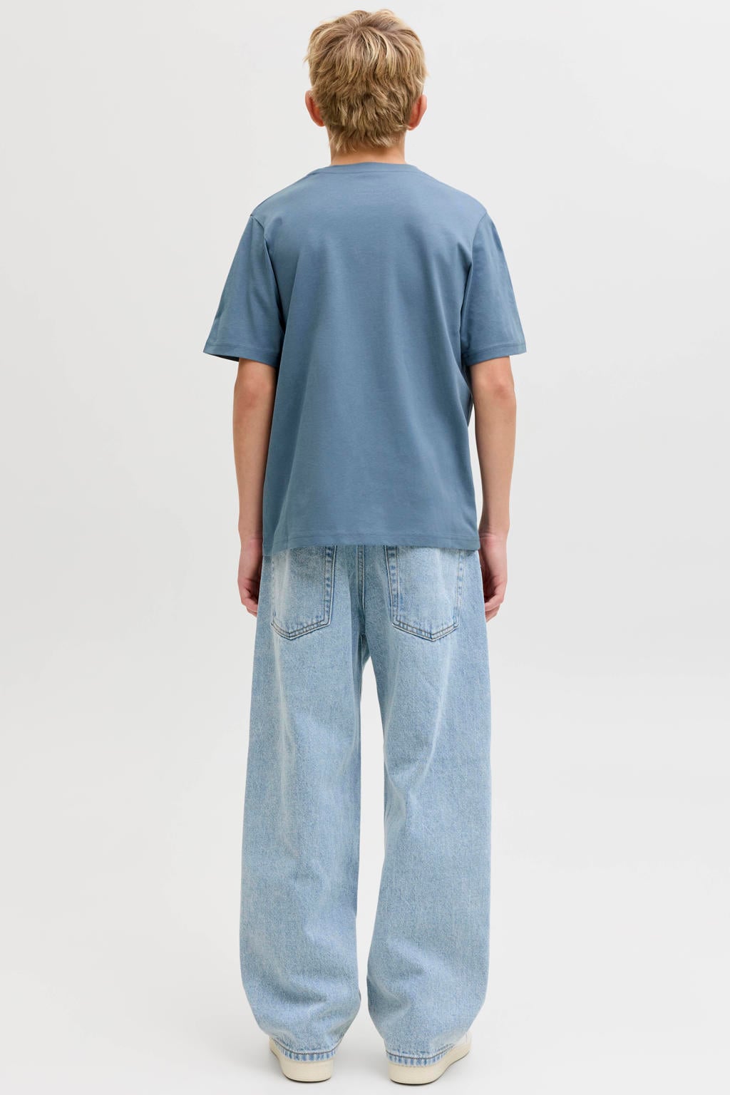 Blauwe jongens JACK & JONES JUNIOR T-shirt van katoen met tekst print, korte mouwen en ronde hals