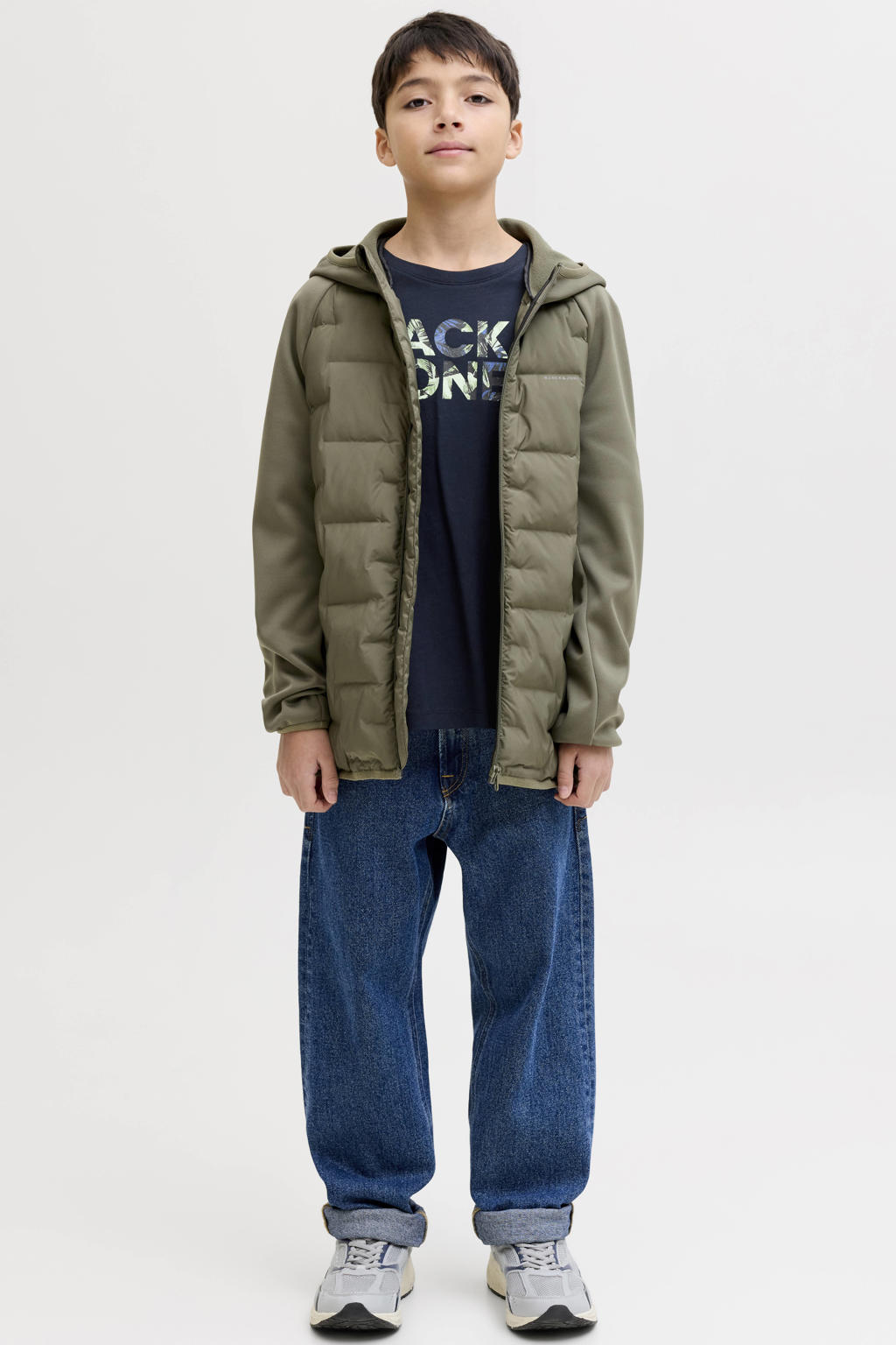 Donkerblauwe jongens JACK & JONES JUNIOR T-shirt van katoen met logo dessin, korte mouwen en ronde hals