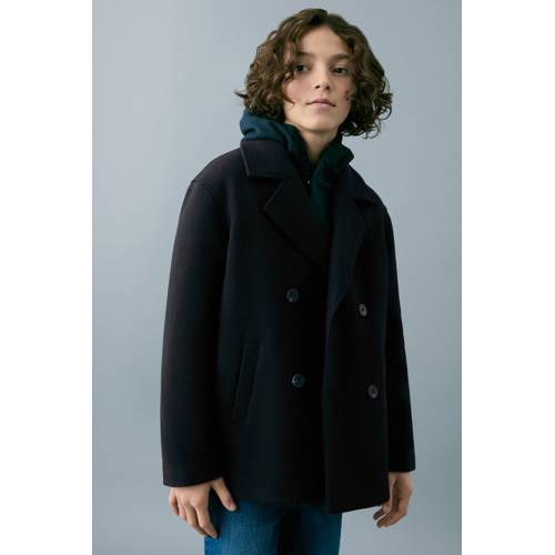 Mango Kids manteljas donkerblauw Jongens Polyester Klassieke kraag Effen - maat 128 afbeelding