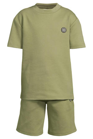 T-shirt + korte broek met textuur olijfgroen