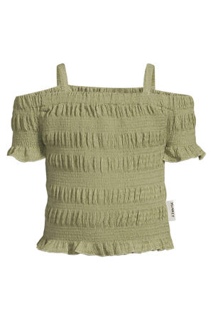 off shoulder top groen met textuur