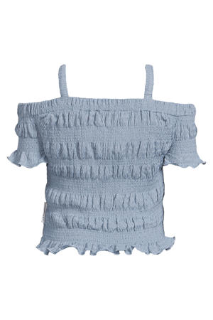 off shoulder top blauw met textuur