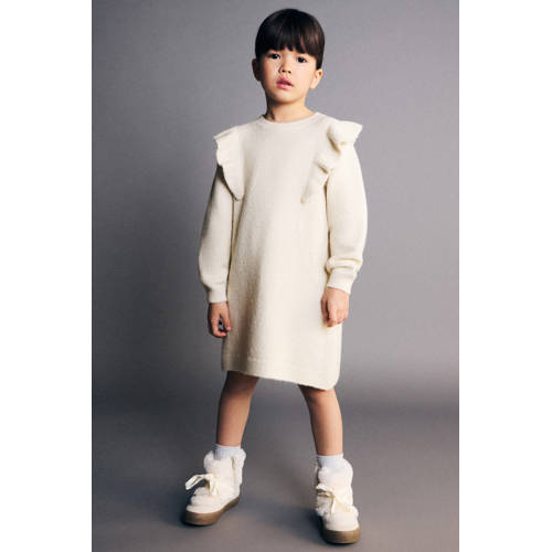 Mango Kids midi jurk fijn gebreid ecru Meisjes Polyester Ronde hals Effen