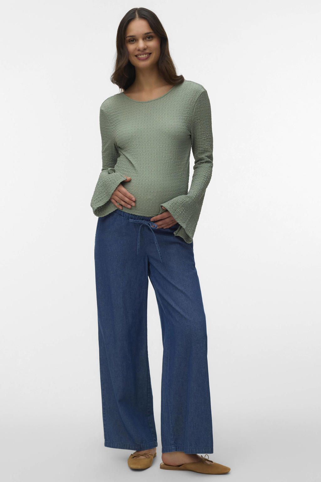 Medium blue denim dames MAMALICIOUS straight regular waist zwangerschaps casual broek van katoen met elastische tailleband met koord en effen