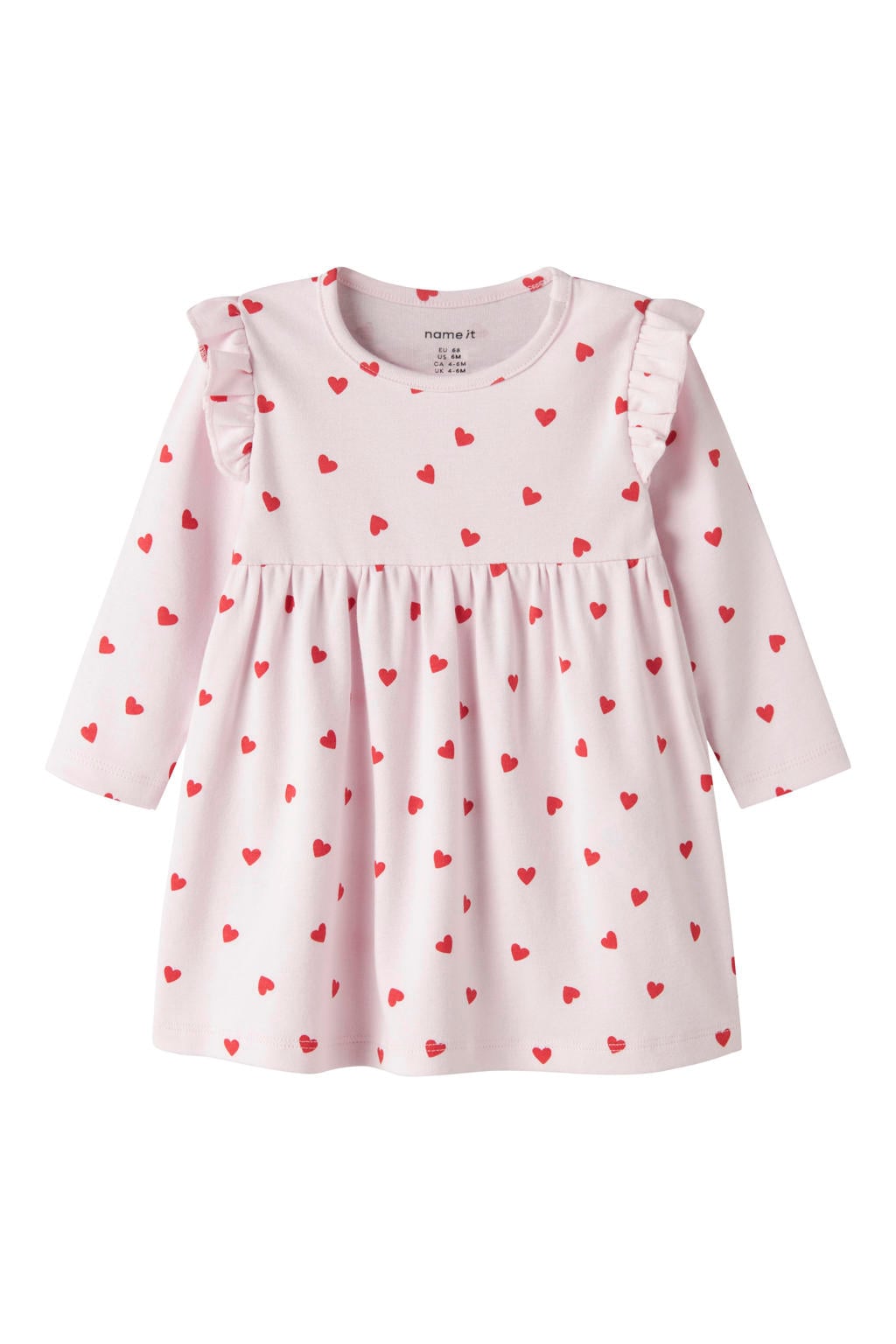 Roze en rode meisjes NAME IT BABY korte jurk van stretchkatoen met hartjesprint, lange mouwen en ronde hals