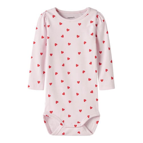 NAME IT BABY romper met hartjesprint roze/rood Meisjes Stretchkatoen Ronde hals - maat 62 afbeelding