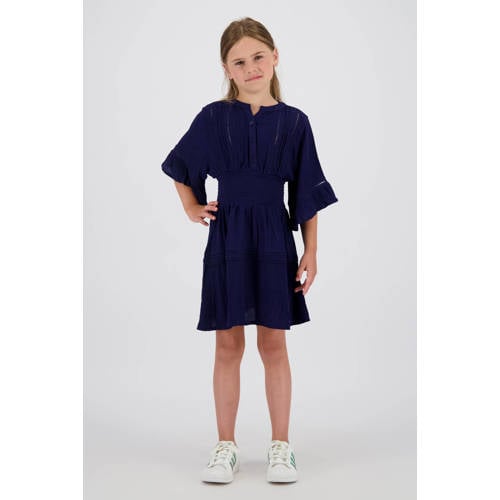Vingino midi jurk broderie donkerblauw Meisjes Katoen Ronde hals Effen - maat 128 afbeelding