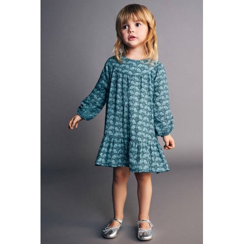 Mango Kids korte jurk blauw Meisjes Katoen Ronde hals All over print