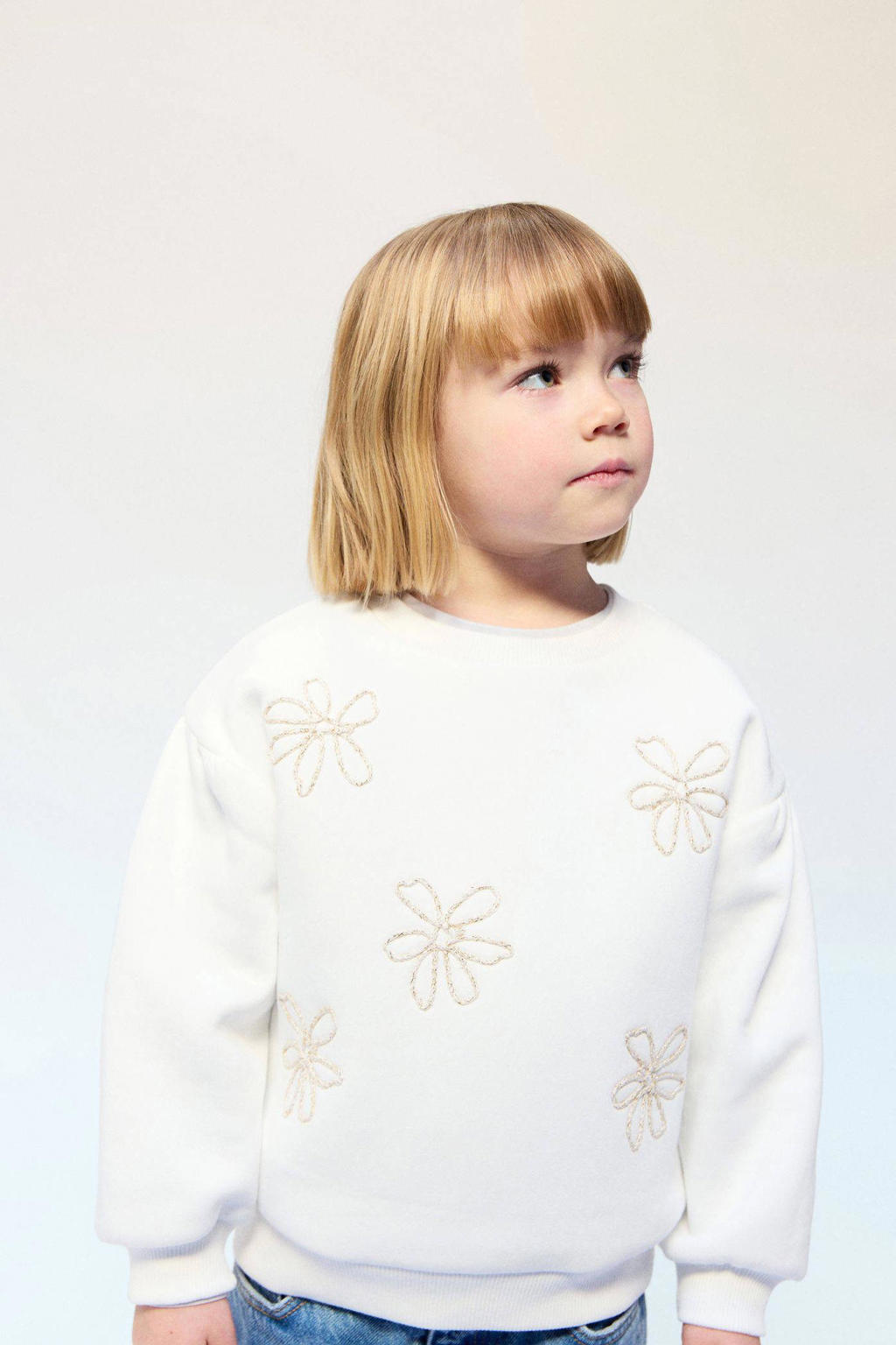 Witte meisjes Mango Kids sweater met effen, lange mouwen, ronde hals en borduursels