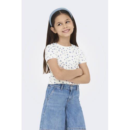KIDS ONLY GIRL gebloemde T-shirt blauw Meisjes Stretchkatoen Ronde hals - maat 122/128 afbeelding