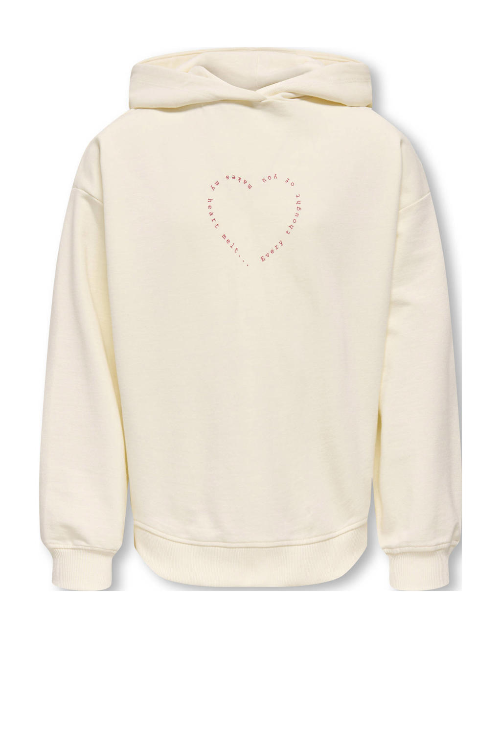 Ecru en roze meisjes KIDS ONLY GIRL hoodie van sweat materiaal met backprint, lange mouwen en capuchon