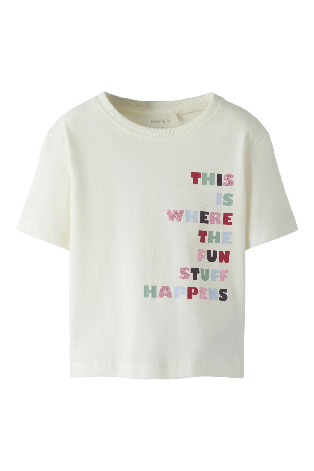 Ecru meisjes NAME IT MINI T-shirt van katoen met printopdruk, korte mouwen en ronde hals