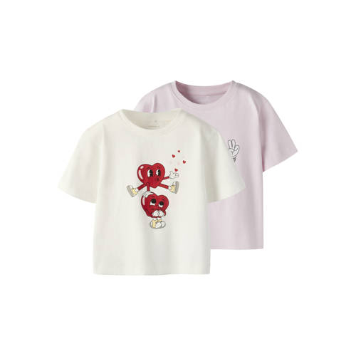 NAME IT MINI T-shirt - set van 2 wit/roze Meisjes Katoen Ronde hals Printopdruk - maat 104 afbeelding