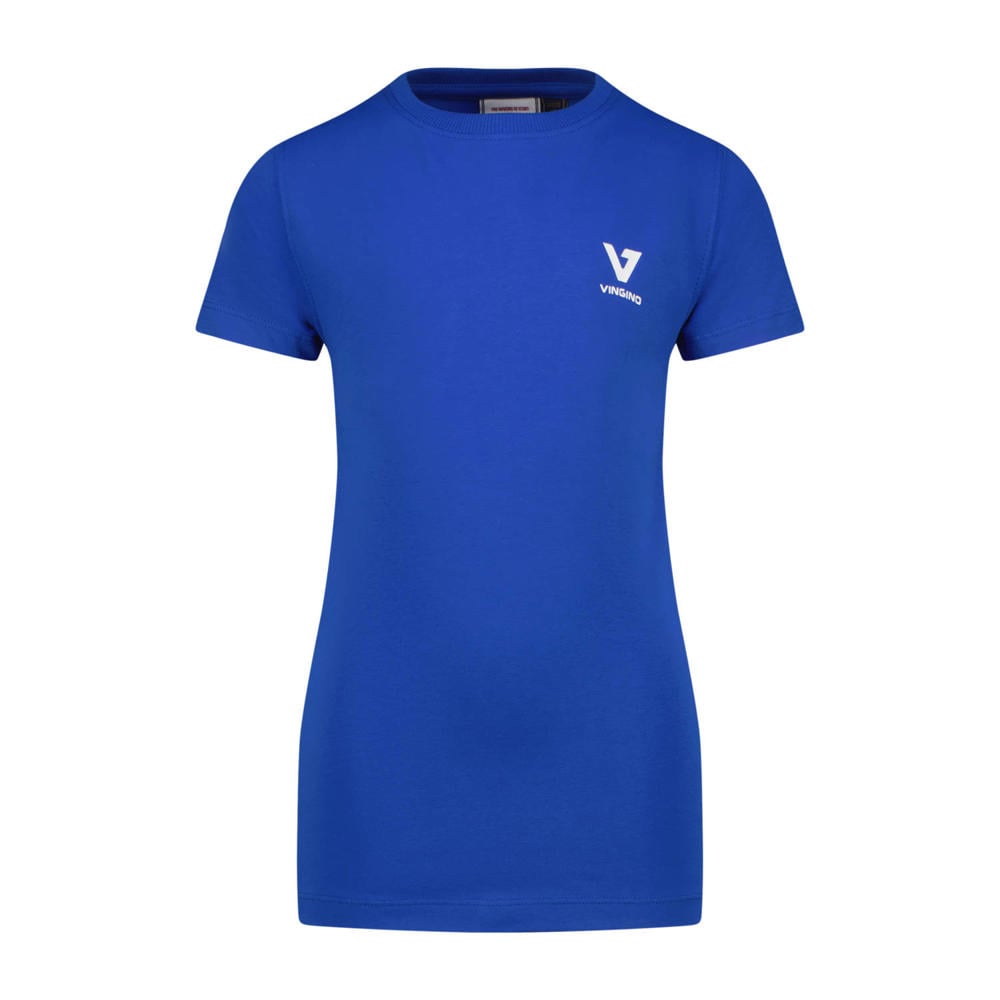 Blauwe jongens Vingino T-shirt van stretchkatoen met effen, korte mouwen en ronde hals