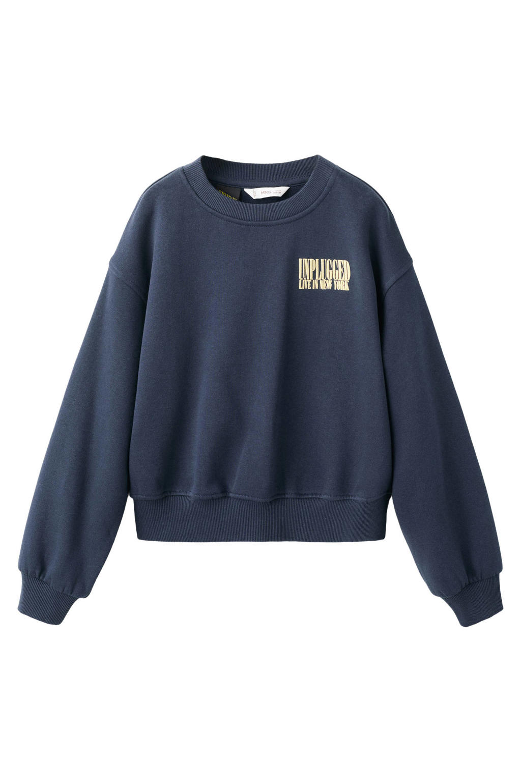 Donkerblauwe jongens Mango Kids sweater met backprint, lange mouwen, ronde hals en geribde boorden